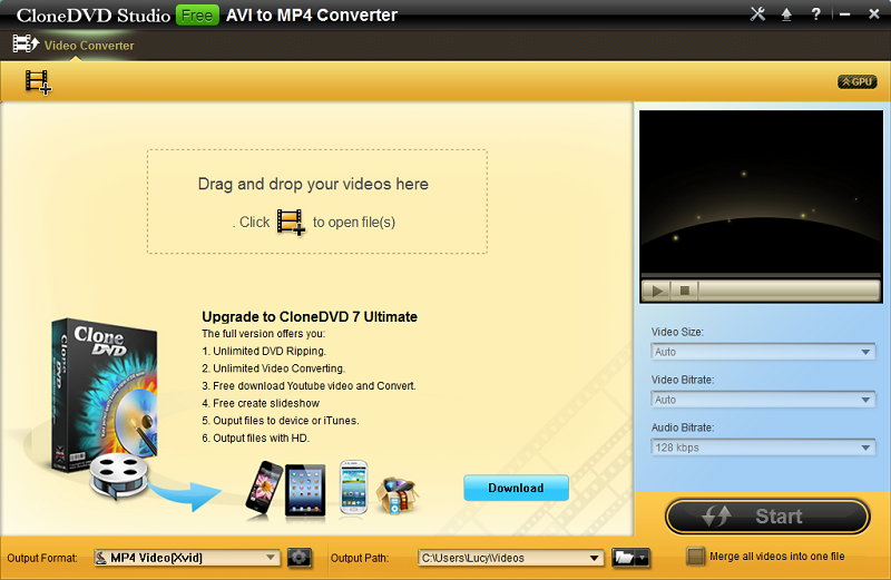 CloneDVD Studio Free AVI to MP4 Converte software