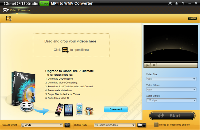 CloneDVD Studio Free MP4 to WMV Converter software